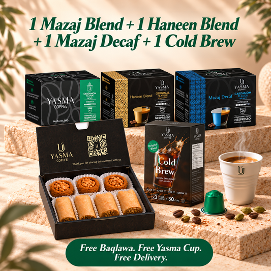 Yasma Coffee Labor Day Bundle: Build Your 3 Capsule Box + Cold Brew, Free Baqlawa and Cup