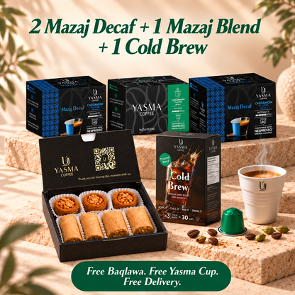 Yasma Coffee Labor Day Bundle: Build Your 3 Capsule Box + Cold Brew, Free Baqlawa and Cup