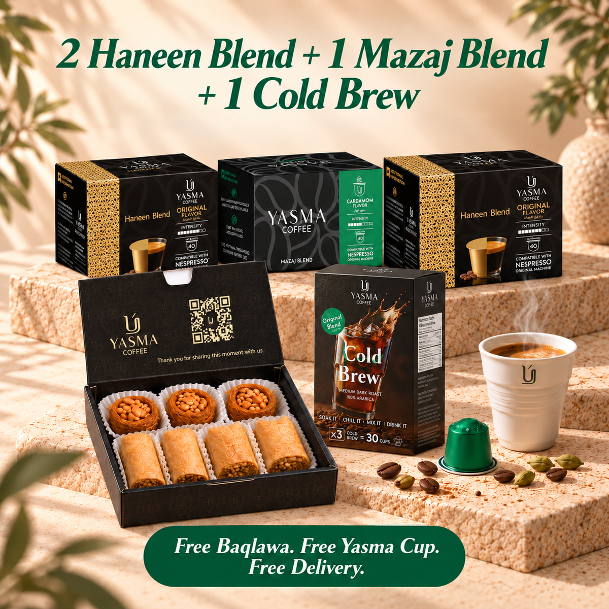 Yasma Coffee Labor Day Bundle: Build Your 3 Capsule Box + Cold Brew, Free Baqlawa and Cup