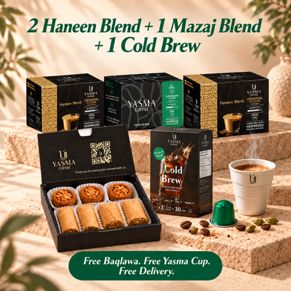 Yasma Coffee Labor Day Bundle: Build Your 3 Capsule Box + Cold Brew, Free Baqlawa and Cup