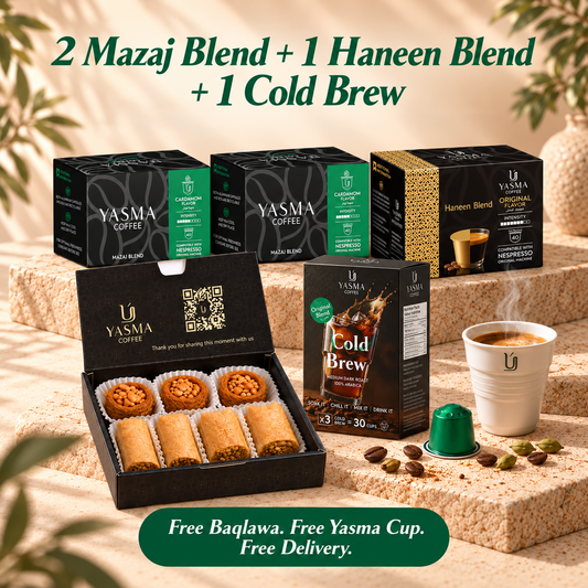 Yasma Coffee Labor Day Bundle: Build Your 3 Capsule Box + Cold Brew, Free Baqlawa and Cup