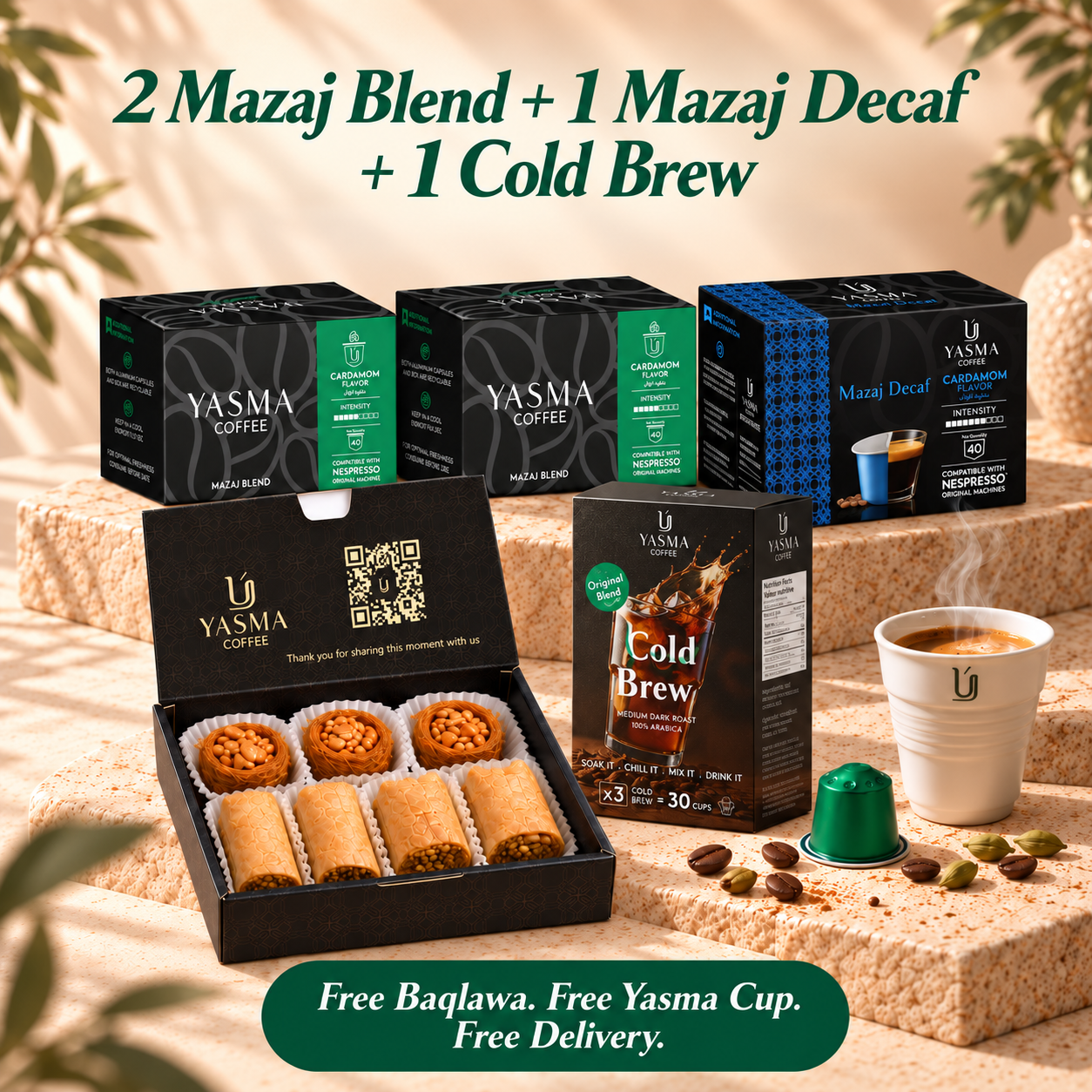 Yasma Coffee Labor Day Bundle: Build Your 3 Capsule Box + Cold Brew, Free Baqlawa and Cup