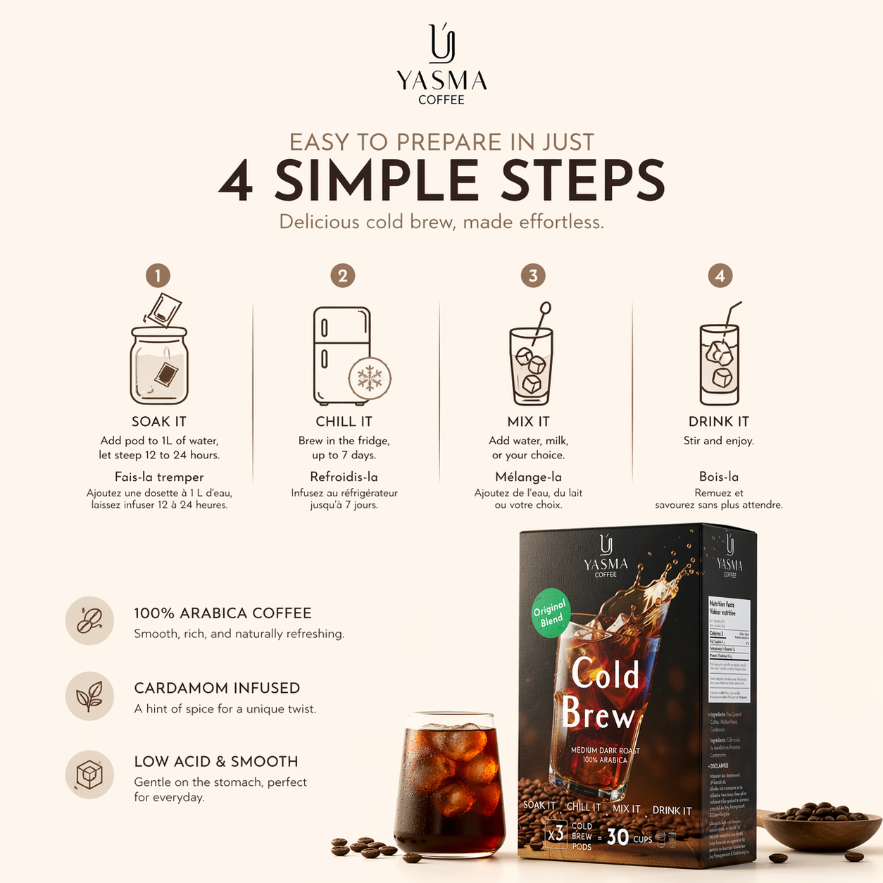 YASMA Cold Brew Coffee – Original Blend & Cardamom Infused | 30 Cups (3 Pods)