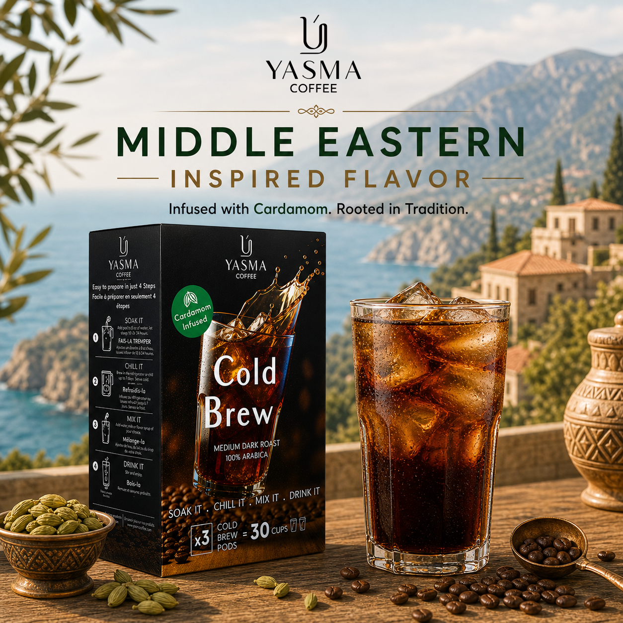YASMA Cold Brew Coffee – Original Blend & Cardamom Infused | 30 Cups (3 Pods)